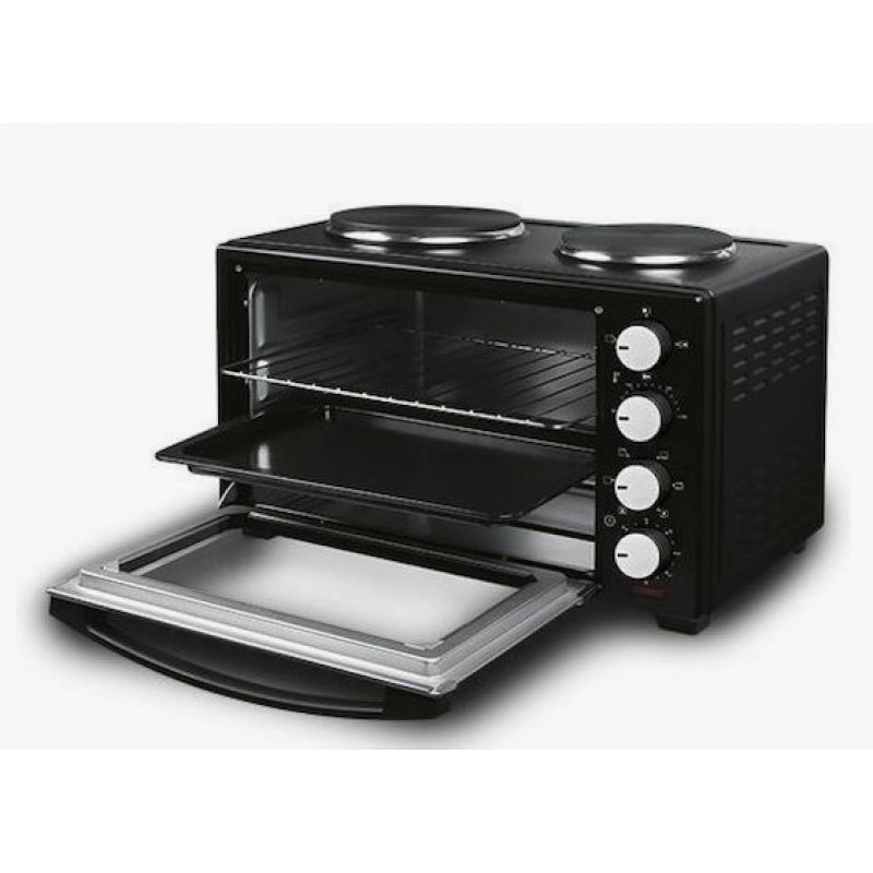  Ηλεκτρικό Φουρνάκι Μαύρο 3200W 38Lt Με 2 Εστίες Και Χρονοδιακόπτη 90Λ Eurolamp 