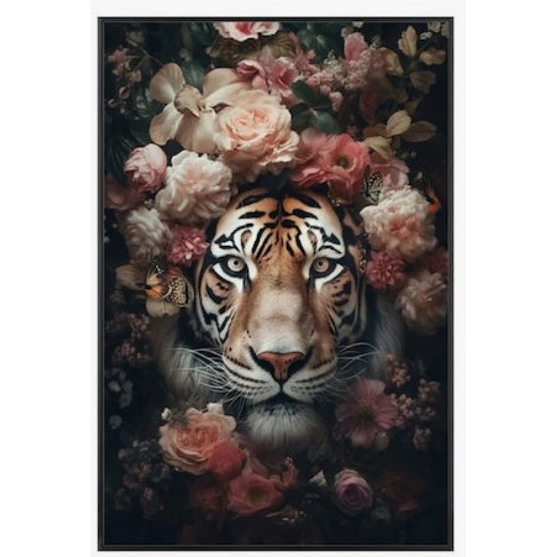 Πίνακας Καμβάς Τίγρη Με Λουλούδια Παστέλ Σε Κορνίζα 60x90x3.5Εκ 15 / Kib Marhome