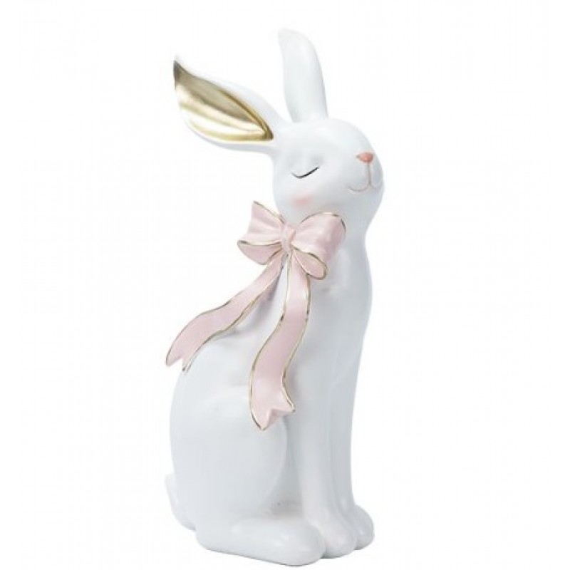Πασχαλινός Λαγός Με Ροζ Φιόγκο Πολυρεζίν Λευκός 17x10.2x26Εκ Estheti