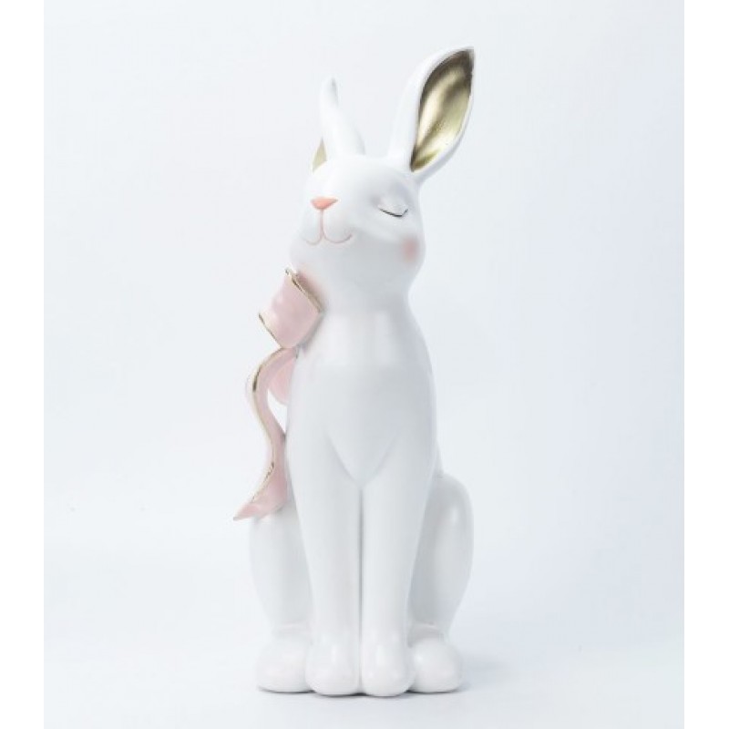 Πασχαλινός Λαγός Με Ροζ Φιόγκο Πολυρεζίν Λευκός 17x10.2x26Εκ Estheti