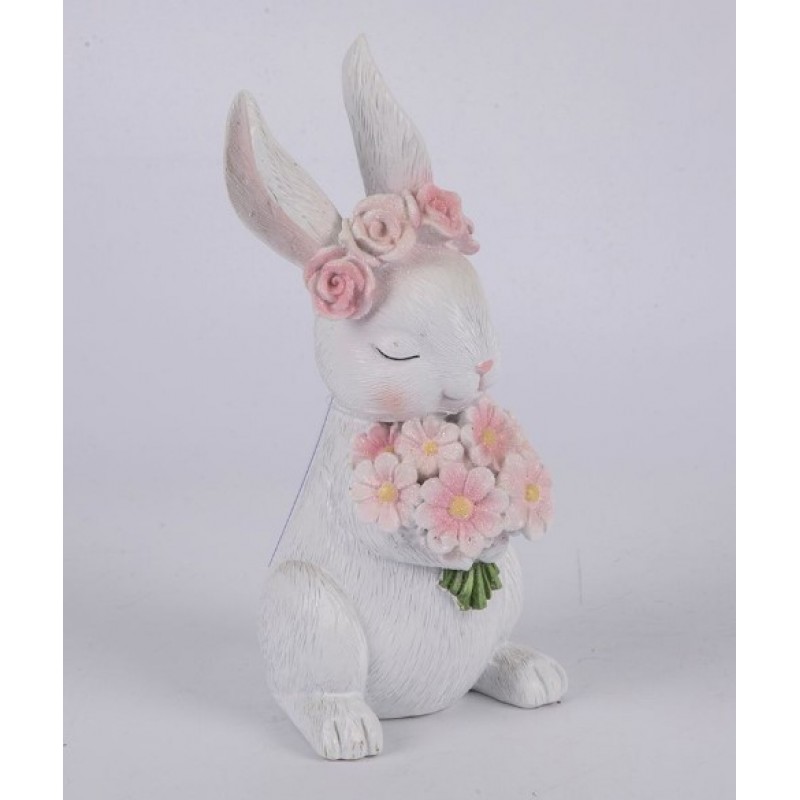 Πασχαλινός Λαγός Με Λουλούδια Και Στεφάνι Πολυρεζίν Λευκός - Ροζ 8.7x10.5x20Εκ Estheti