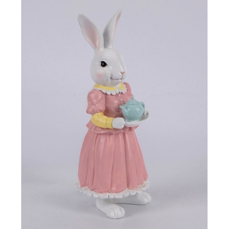 Πασχαλινός Λαγός Με Τσαγιέρα Και Φόρεμα Ροζ Πολυρεζίν Λευκός 10.5x11.2x25.5Εκ Estheti