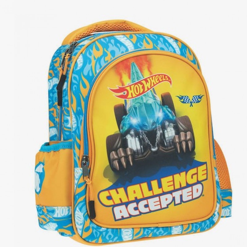 Σχολική Τσάντα Πλάτης Νηπιαγωγείου Challenge Accepted Hot Wheels Με Θήκη Για Παγούρι 12lt Gim 