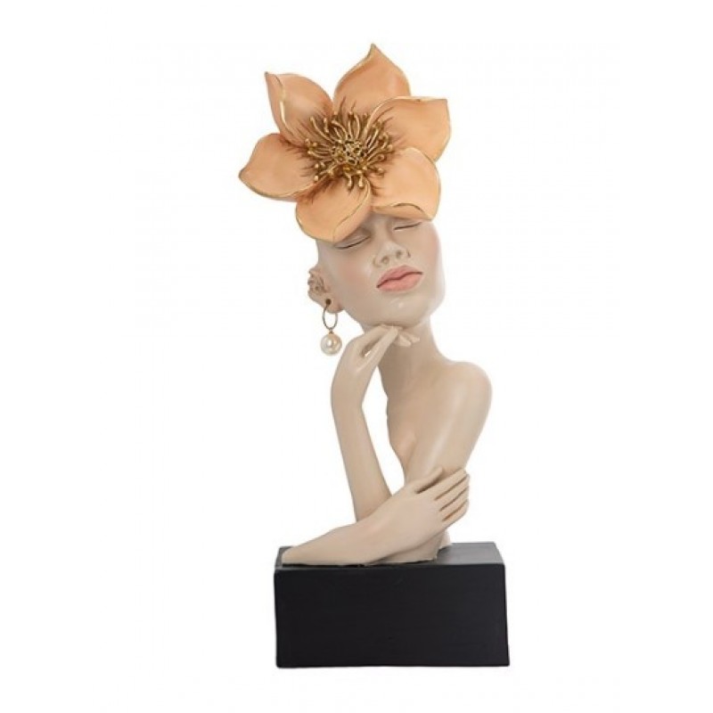 Διακοσμητικό Γλυπτό Γυναίκα Με Λουλούδι Ροδακινί - Μαύρο 16.5x10x40.5Εκ Estheti