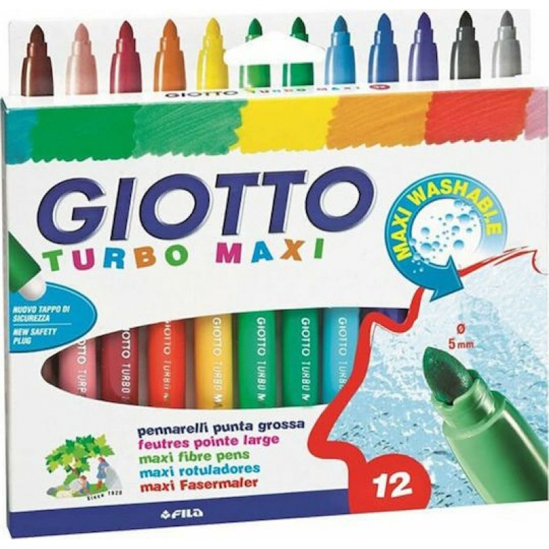 Giotto Turbo Maxi Μαρκαδόροι Ζωγραφικής 5mm Χονδροί, Πλενόμενοι Σετ 12 χρώματα