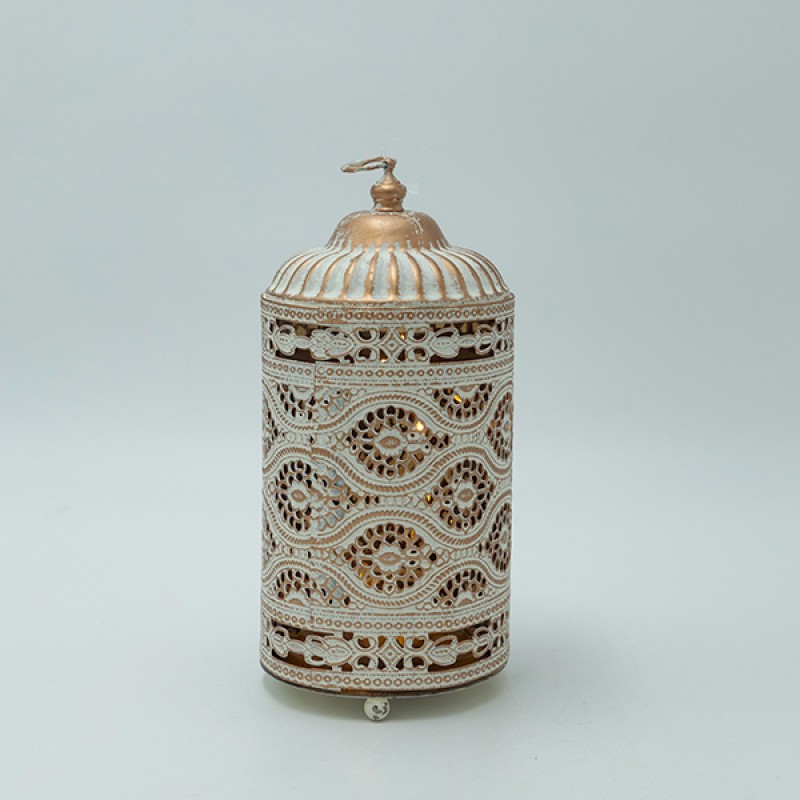 Διακοσμητικό Φανάρι Μεταλλικό -Γυάλινο Με Μπαταρία Λευκό-Χρυσό-Μελί 10x10x21,5Εκ EsthetiΙ