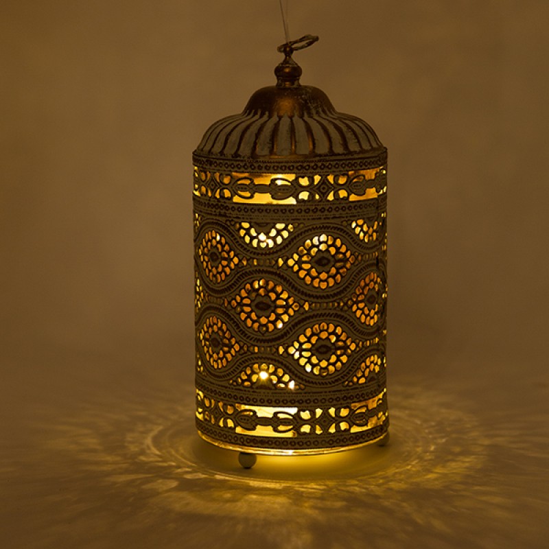 Διακοσμητικό Φανάρι Μεταλλικό -Γυάλινο Με Μπαταρία Λευκό-Χρυσό-Μελί 10x10x21,5Εκ EsthetiΙ