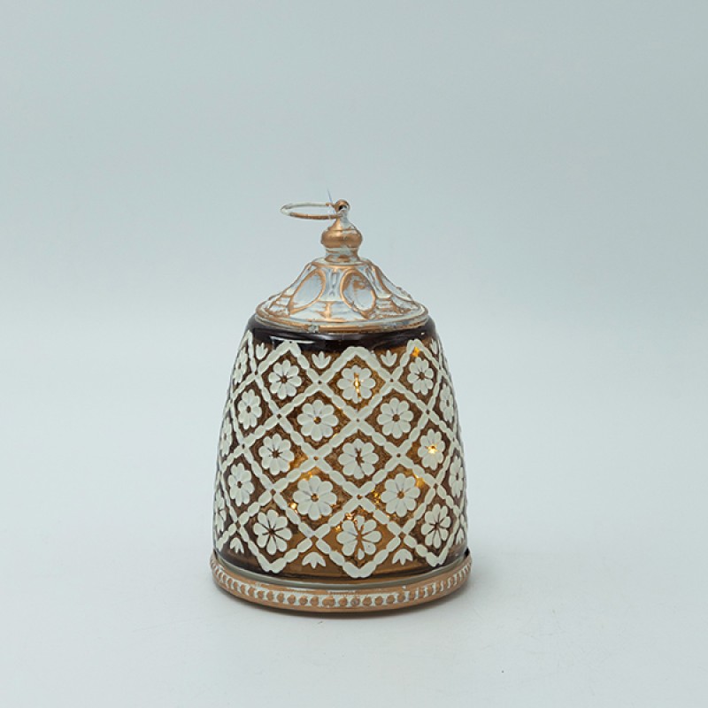 Διακοσμητικό Φανάρι Μεταλλικό -Γυάλινο Με Μπαταρία Λευκό-Χρυσό-Μελί 9x9x14Εκ EsthetiΙ 