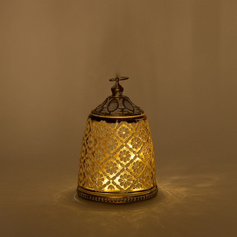 Διακοσμητικό Φανάρι Μεταλλικό -Γυάλινο Με Μπαταρία Λευκό-Χρυσό-Μελί 9x9x14Εκ EsthetiΙ 