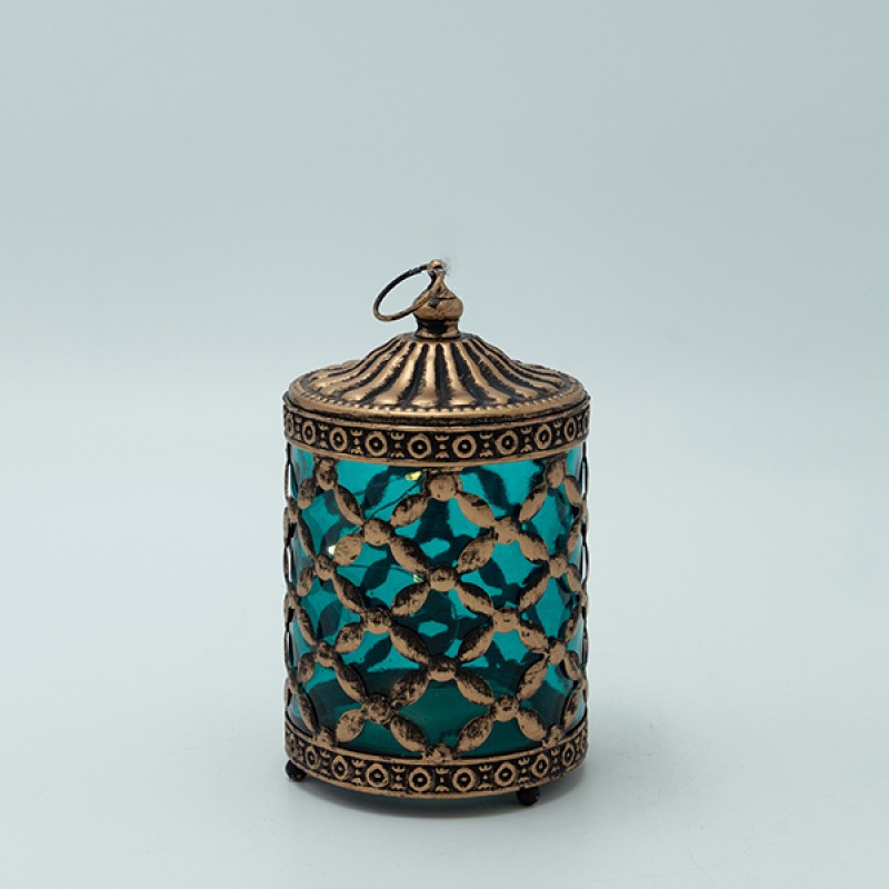 Διακοσμητικό Φανάρι Μεταλλικό -Γυάλινο Με Μπαταρία Χρυσό-Πράσινο 8.5x8.5x15Εκ Estheti