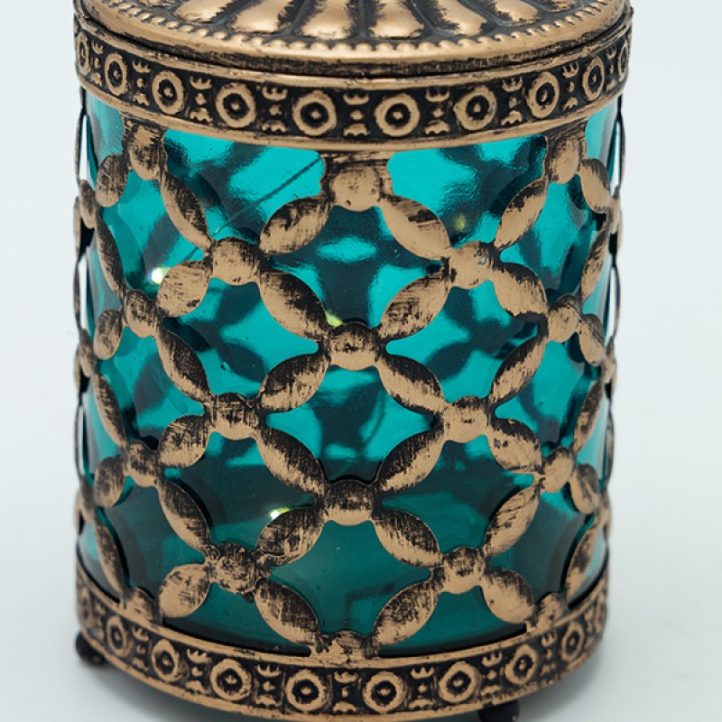 Διακοσμητικό Φανάρι Μεταλλικό -Γυάλινο Με Μπαταρία Χρυσό-Πράσινο 8.5x8.5x15Εκ Estheti