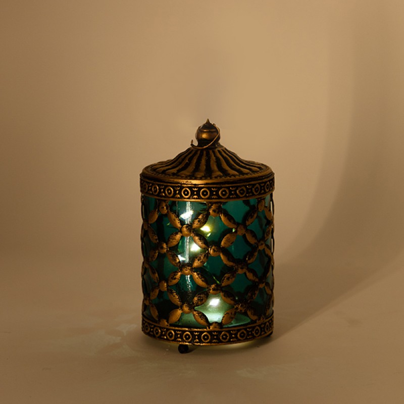 Διακοσμητικό Φανάρι Μεταλλικό -Γυάλινο Με Μπαταρία Χρυσό-Πράσινο 8.5x8.5x15Εκ Estheti