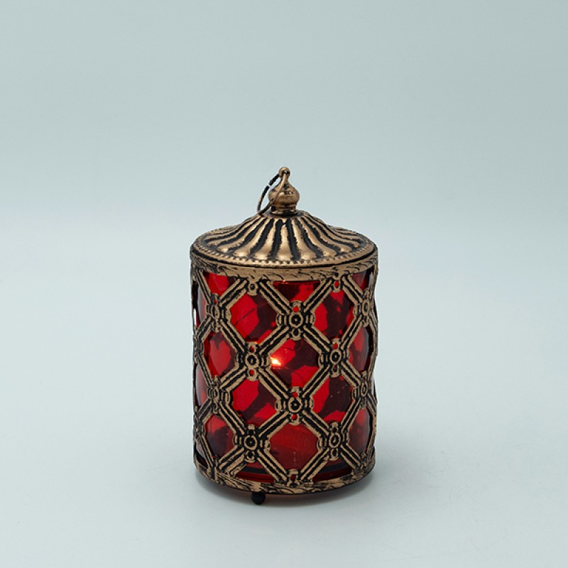 Διακοσμητικό Φανάρι Μεταλλικό -Γυάλινο Με Μπαταρία Χρυσό-Κόκκινο 8.5x8.5x15Εκ EsthetiΙ