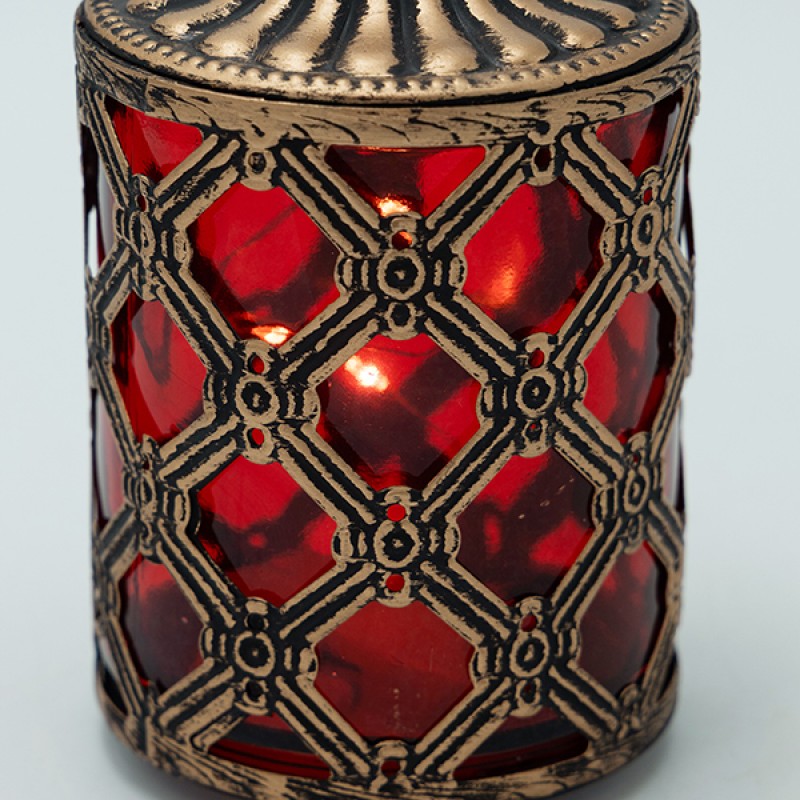 Διακοσμητικό Φανάρι Μεταλλικό -Γυάλινο Με Μπαταρία Χρυσό-Κόκκινο 8.5x8.5x15Εκ EsthetiΙ