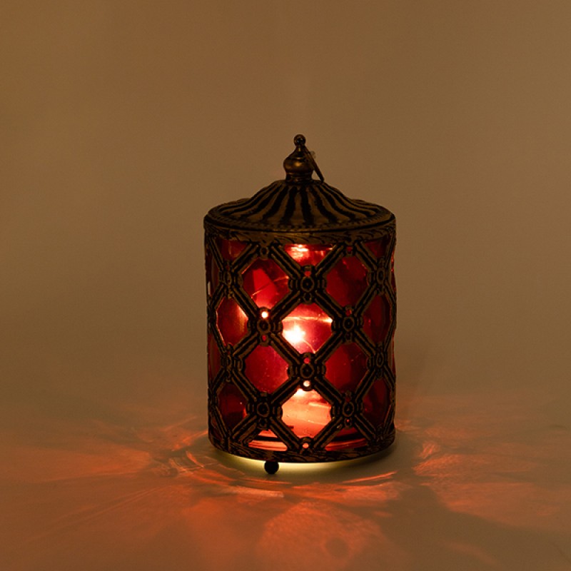 Διακοσμητικό Φανάρι Μεταλλικό -Γυάλινο Με Μπαταρία Χρυσό-Κόκκινο 8.5x8.5x15Εκ EsthetiΙ
