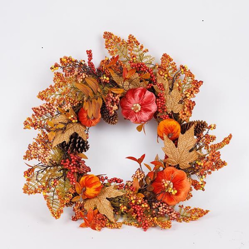 Στεφάνι Με Φύλλα Σφένδαμου Και Πορτοκαλί Βελούδινες Κολοκύθες 60Εκ