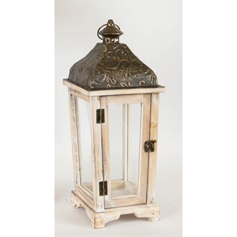 Φανάρι Ξύλινο Καφέ Με Μεταλλική Οροφή Μαύρη  20x20x47Εκ Eurolamp