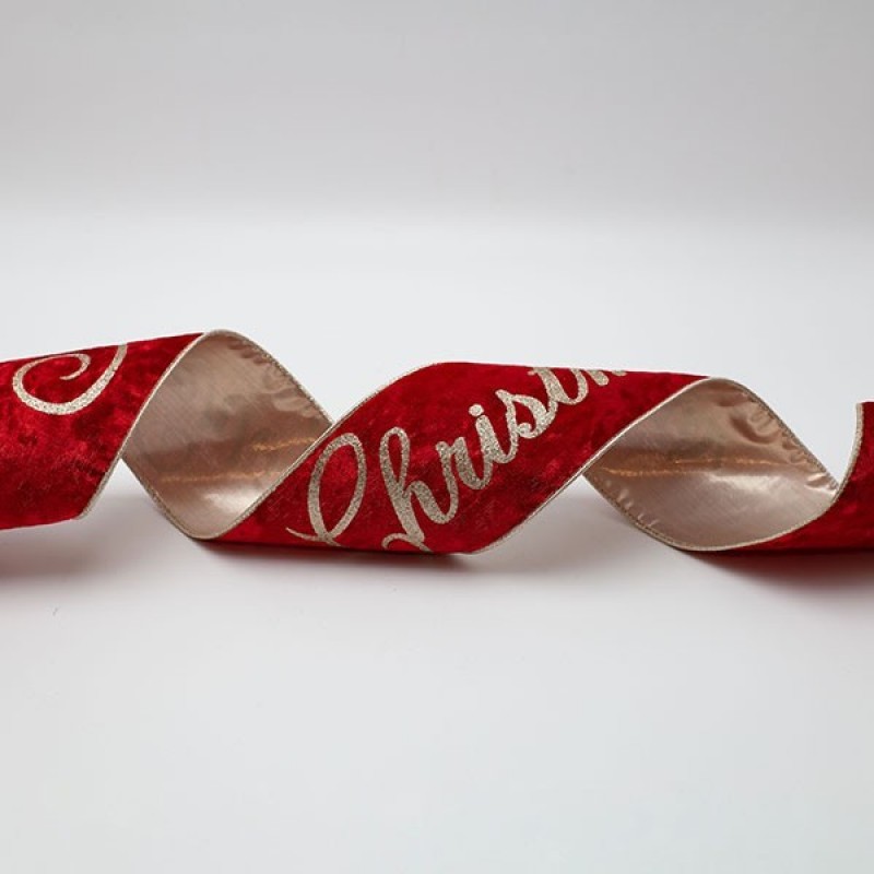 Χριστουγεννιάτικη Κορδέλα Πολυτελείας, Κόκκινο Βελούδο Με Glitter MERRY CHRISTMAS, 914x10cm Eurolamp