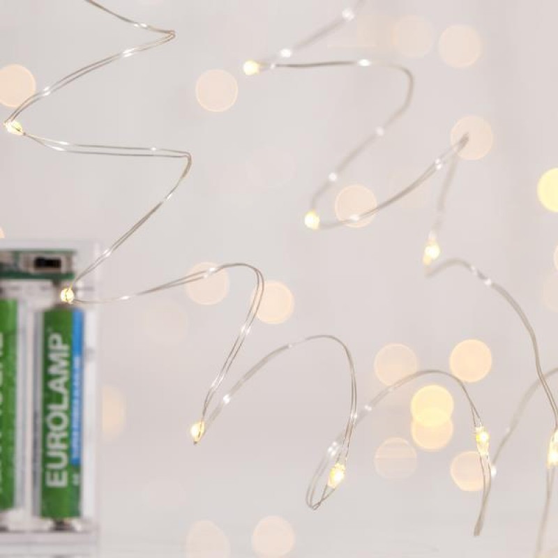 Σειρά 50 MINI LED Μπαταρίας 3xAA Προέκταση Παροχής 10cm Ασημί Χαλκός DAYLIGHT LED Ανα 10cm IP20 Eurolamp