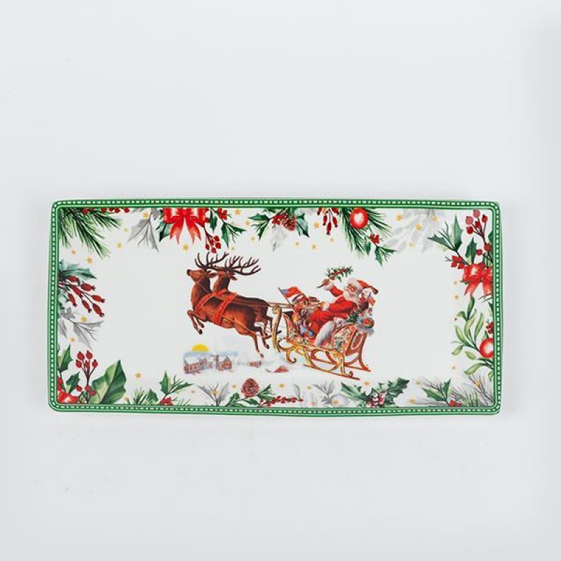 Μακρόστενη Πιατέλα Με Χριστουγεννιάτικη Παράσταση Πράσινη 32.8cm Eurolamp