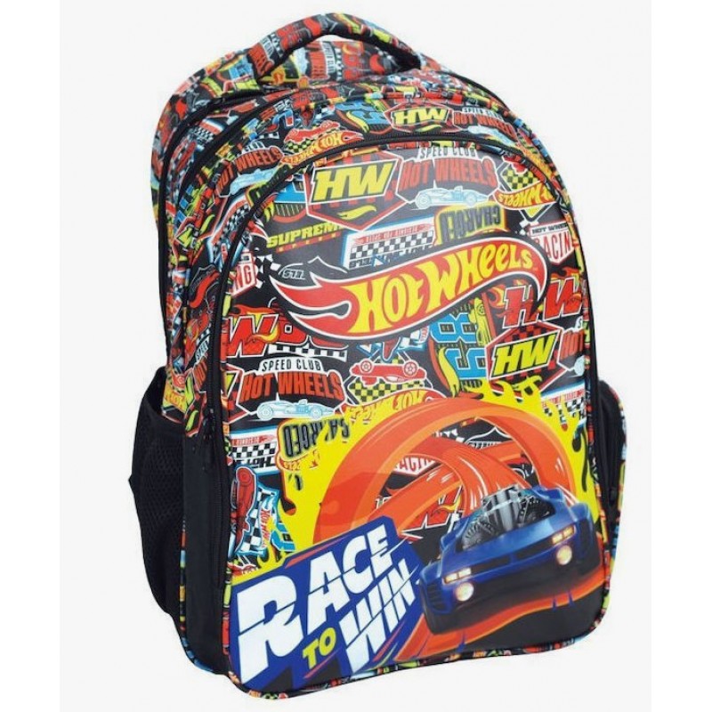 Σχολική Τσάντα Πλάτης Hot Wheels Δημοτικού με Θήκη για Παγούρι Gim 
