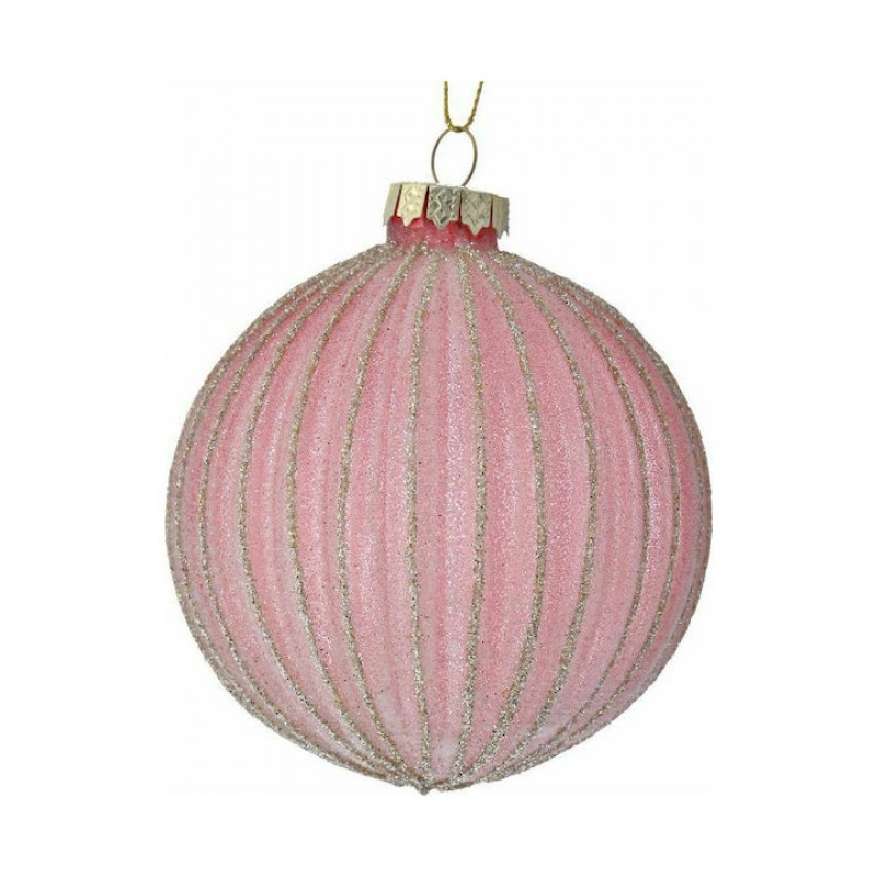 Σετ 6 Τμχ Μπάλλα Δέντρου Σομόν Ριγέ Γυάλινη 8Εκ