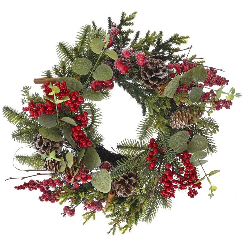 Στεφάνι Πράσινο Με Κόκκινα Berries Και Κουκουνάρια 35Εκ