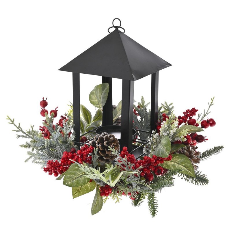 Μαύρο Φανάρι Μέσα Σε Πράσινο Στεφάνι Με Κόκκινα Berries 33Χ28Εκ Iliadis