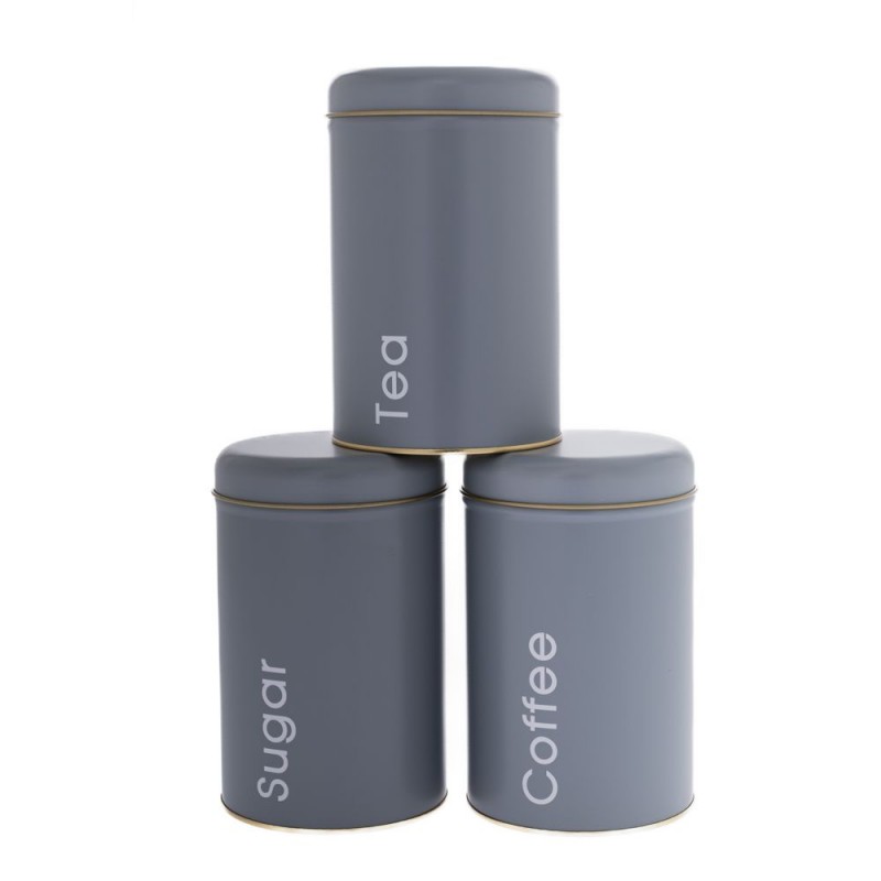 Σετ 3 Γκρι Μεταλλικά Στρογγυλά Κουτιά Coffee Sugar Tea 10X16Ek