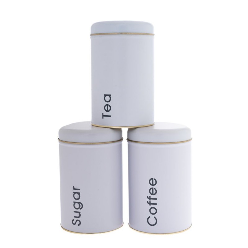 Σετ 3 Λευκά Μεταλλικά Στρογγυλά Κουτιά Coffee Sugar Tea 10x16Eκ Iliadis