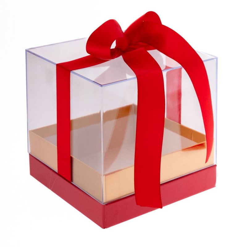 Κουτί Δώρου Διάφανο 14x14x14Eκ Με Κόκκινη Βάση & Κορδέλα