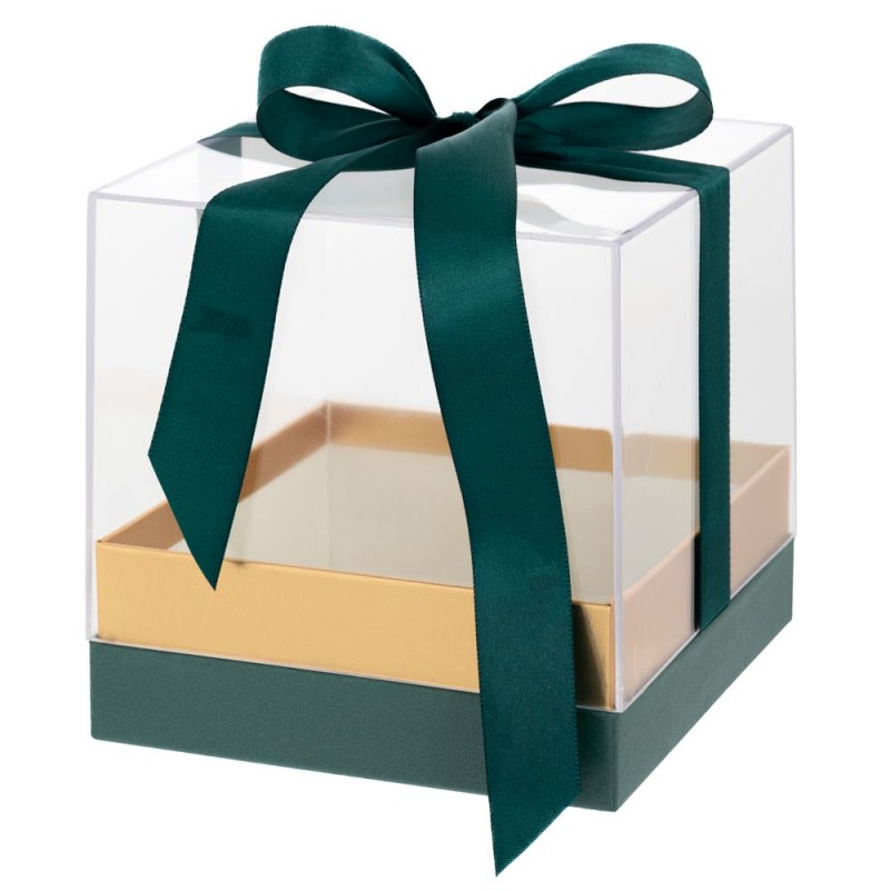 Διάφανο Κουτί Δώρου 14x14x14Eκ Με Πράσινη Βάση Και Κορδέλα Iliadis