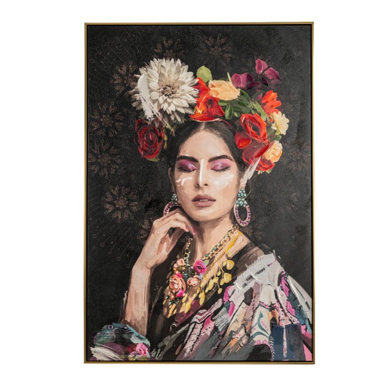 Πίνακας Ελαιογραφία Σε Τυπωμένο Καμβά Γυναίκα Με Λουλούδια Στα Μαλλιά Σε Χρυσή Κορνίζα 82x4.5x122Εκ