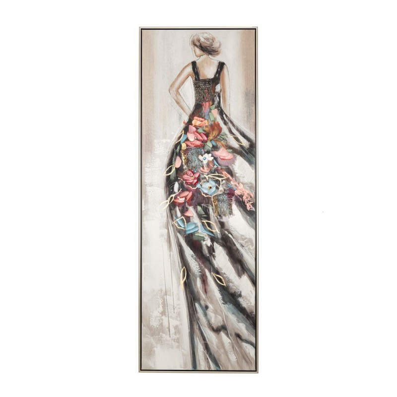 Πίνακας Ελαιογραφία Σε Τυπωμένο Καμβά Γυναίκα Με Λουλουδάτο Μαύρο Φόρεμα Σε Ασημί Κορνίζα 52x4x152Εκ