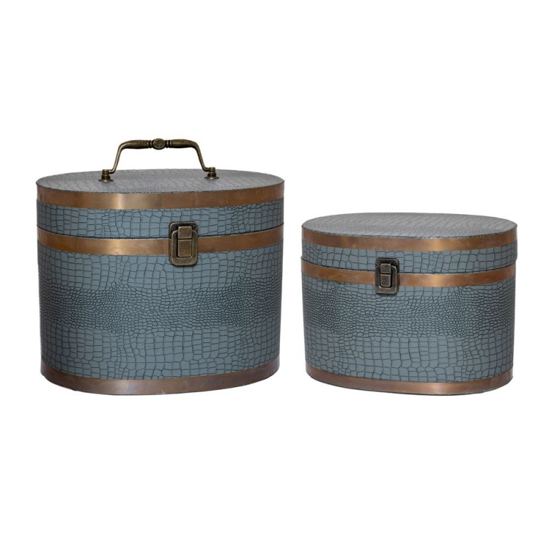 Γκρι Δερμάτινα Μπαούλα Σετ 2 30x22x24.5Eκ 26x18x18.5Eκ Οβάλ Iliadis