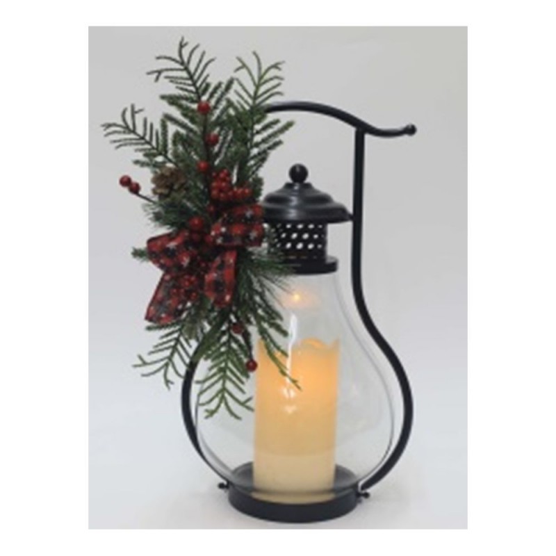 Χριστουγεννιάτικο Φανάρι Με Berries Και Led Κερί Μαύρο Μεταλλικό  23.5Χ21Χ42Εκ