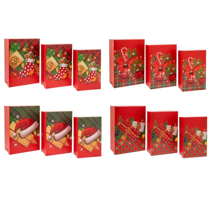 Σετ 3 Κόκκινο Χάρτινο Κουτί Με Χριστουγεννιάτικο Σκηνικό 23x16x9.5, 21x14x8, 19x12x6.5Εκ 4 Σχέδια Iliadis