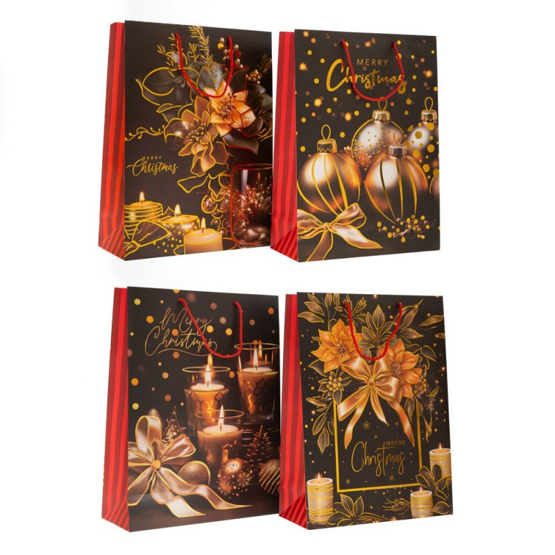 Μαύρη/Κόκκινη Χάρτινη Σακούλα Με Χρυσά Χριστουγεννιάτικα Σχέδια 26x32x10.5Εκ Iliadis