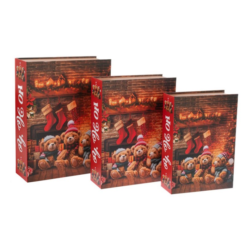 Σετ 3 Κόκκινο Χάρτινο Κουτί Σε Σχήμα Βιβλίου Με Αρκουδάκια 29.5x23x8, 26x19x6, 23x16x6Εκ Iliadis