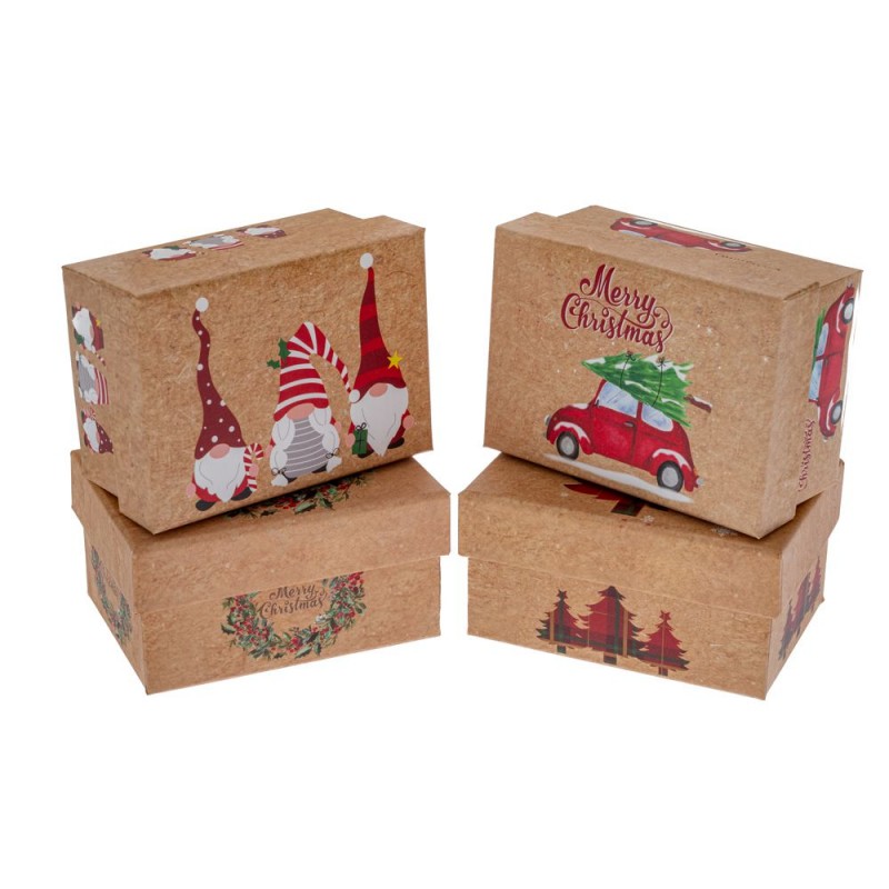 Καφέ Ορθογώνιο Χάρτινο Κουτί Με Χριστουγεννιάτικα Σχέδια 11x7.5x5.5Εκ 4 Σχ΄έδια