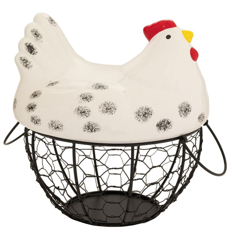 Κεραμική Κότα Λευκή Με Μεταλλικό Καλάθι Χρυσό 20x24Εκ Iliadis