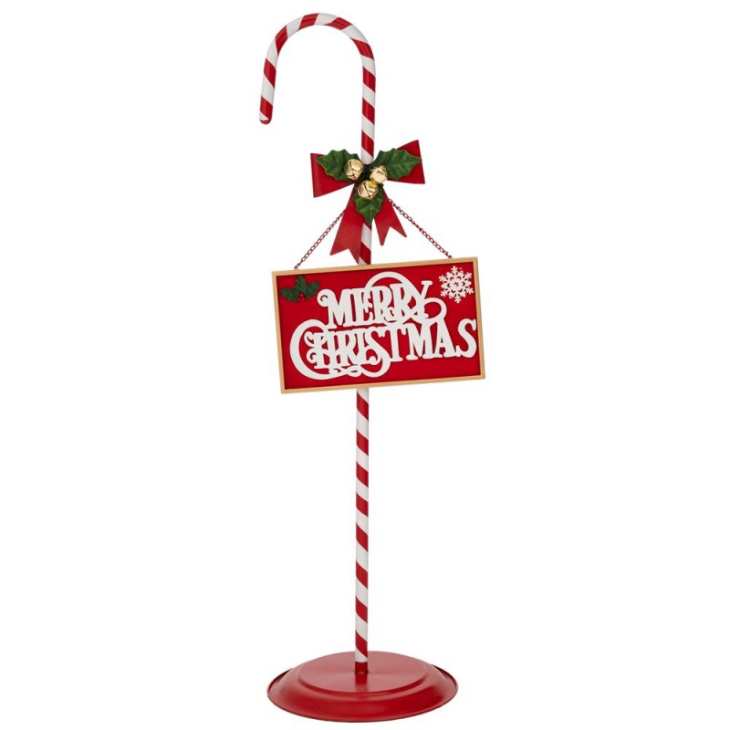 Κόκκινο Ριγέ Μεταλλικό Διακοσμητικό Μπαστούνι Merry Christmas 30x30x100Εκ Iliadis