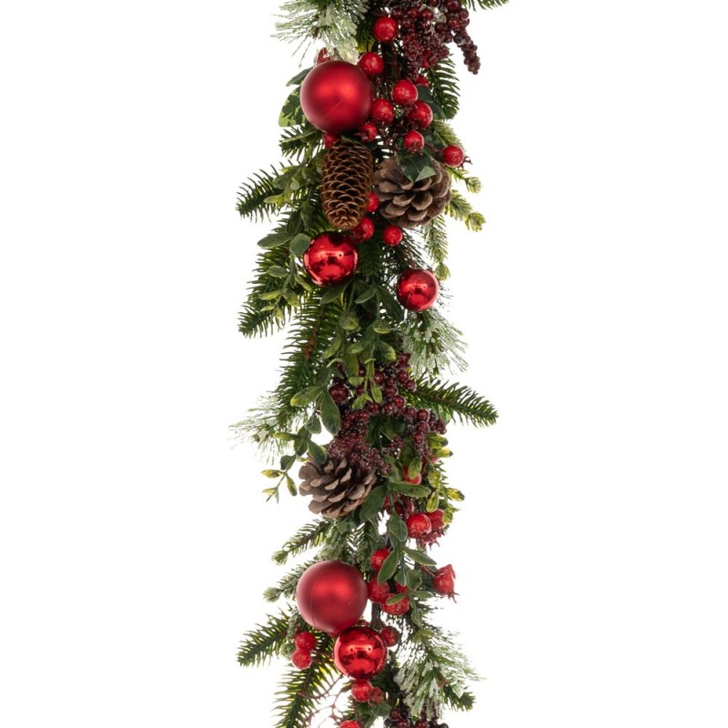 Πράσινη Γιρλάντα Με Κόκκινα Berries Κόκκινες Μπάλες Και Παγωμένο Κουκουνάρι 180Εκ Iliadis