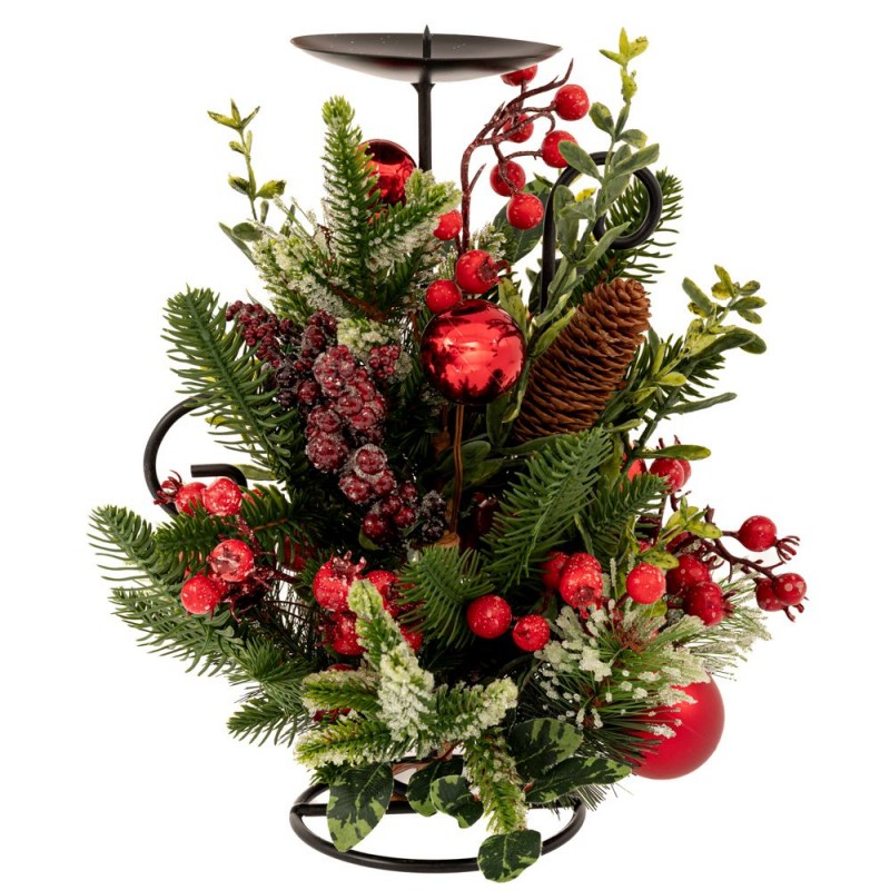 Πράσινο Κηροπήγιο Με Κόκκινα Berries Κόκκινες Μπάλες Και Παγωμένο Κουκουνάρι 33Εκ iliadis