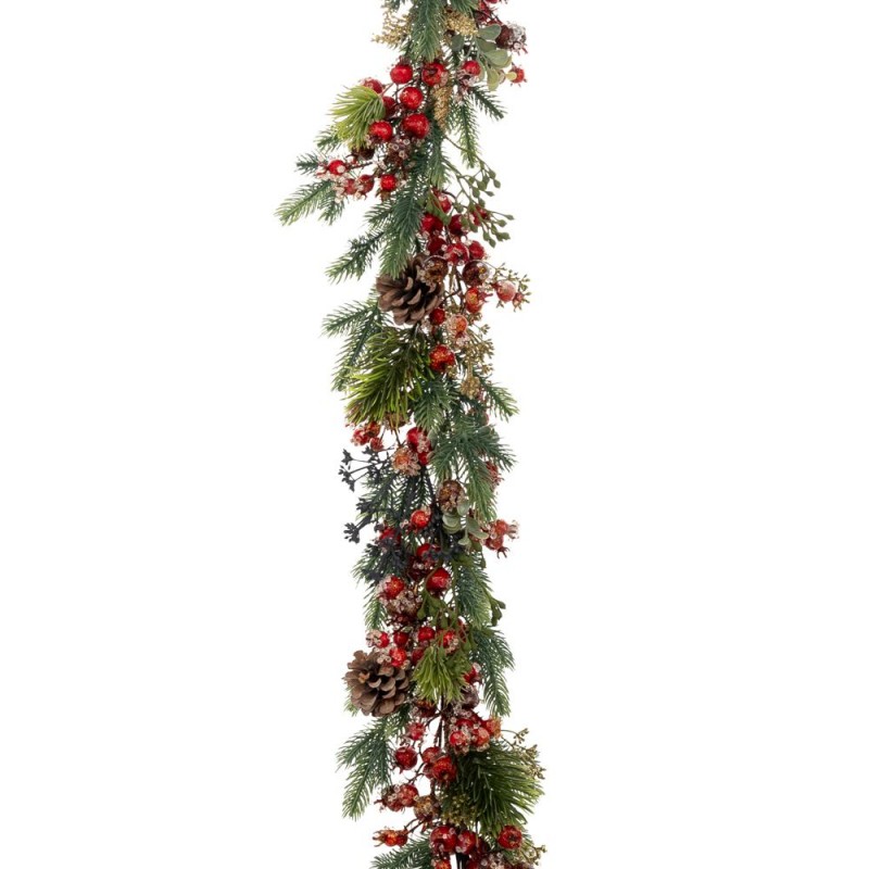 Χριστουγεννιάτικη Παγωμένη Πράσινη Γιρλάντα Με Κόκκινα Berries Και  Κουκουνάρια 180Εκ
