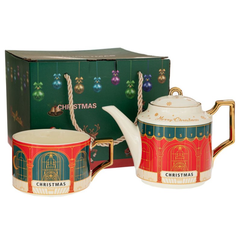 Χριστουγεννιάτικο Σετ 2 Πράσινη Κόκκινη Κεραμική Τσαγιέρα Με Κούπα & Πιατάκι
