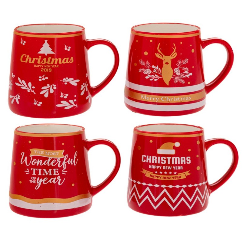 Κόκκινη Κεραμική Κούπα Με Χριστουγεννιάτικες Φιγούρες 4 Σχέδια 420Ml (8Χ10Εκ) Iliadis