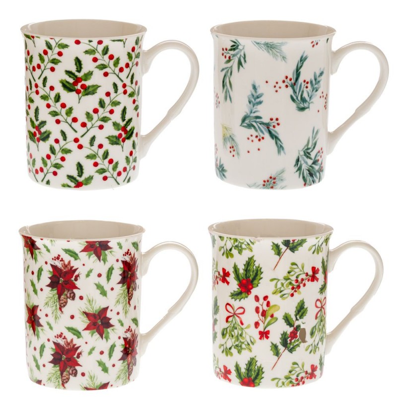 Χριστουγεννιάτικη Κεραμική Κούπα Με Γκι & Αλεξανδρινά 360Ml 4 Σχέδια (8.5Χ10Εκ)