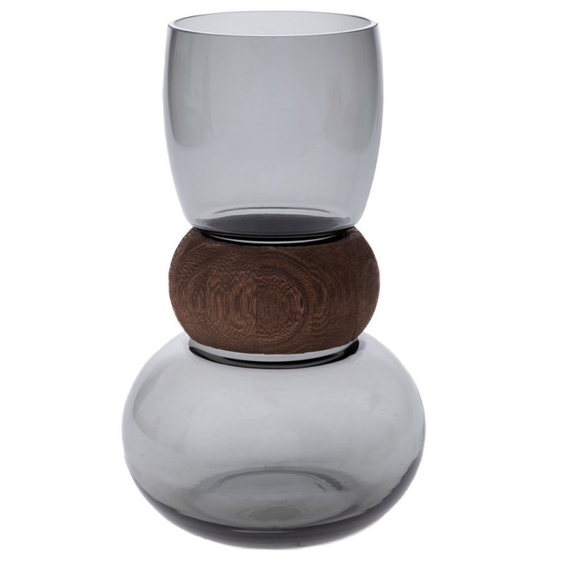 Γυάλινο Βάζο Με Ξύλινη Λεπτομέρεια Γκρι 16x26Εκ Iliadis