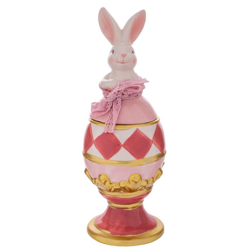 Ροζ Κεραμικό Αυγό Μπισκοτιέρα Με Λαγό Και Χρυσές Λεπτομέρειες 13.5x13.5x37Εκ Iliadis